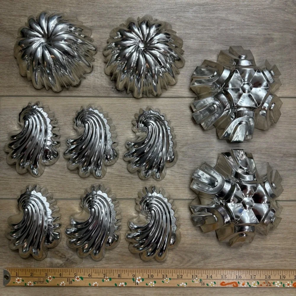 Vintage Bundt Jello Pastry‎ Molds Set 10 Fluted Flower Snowflake Shell Steel